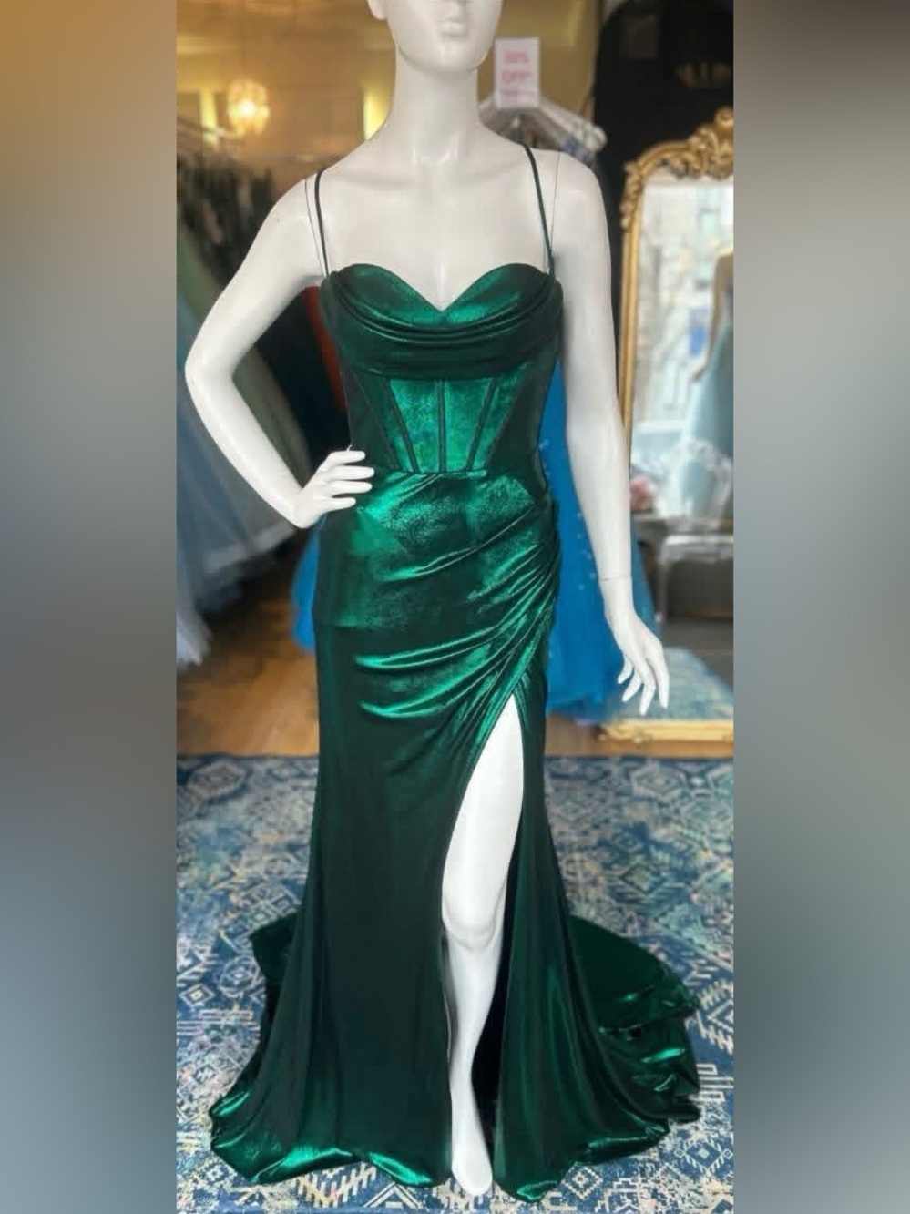 Alyce Paris Emerald Green Satin Corset Prom Gown with Thigh Slit